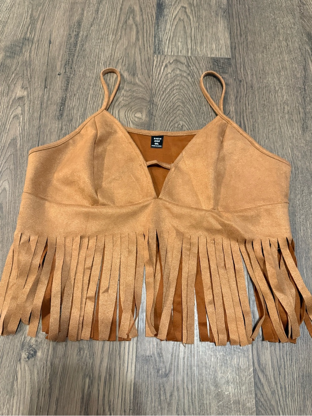 SHEIN Tan Faux Suede Fringe Crop Top